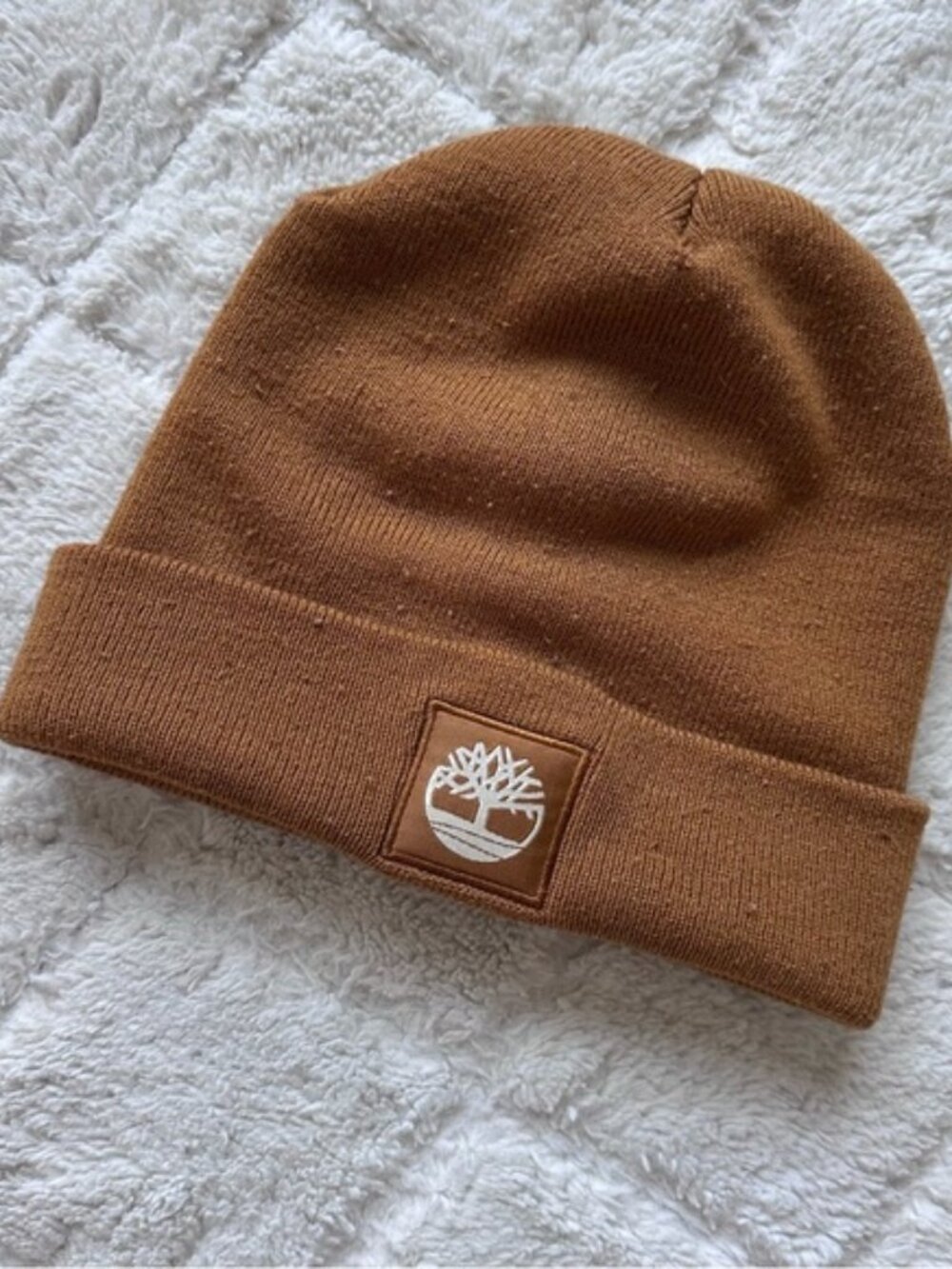 Timberland | Wheat Cuffed Ribbed Knit Beanie with Tonal Logo Patch | One Size